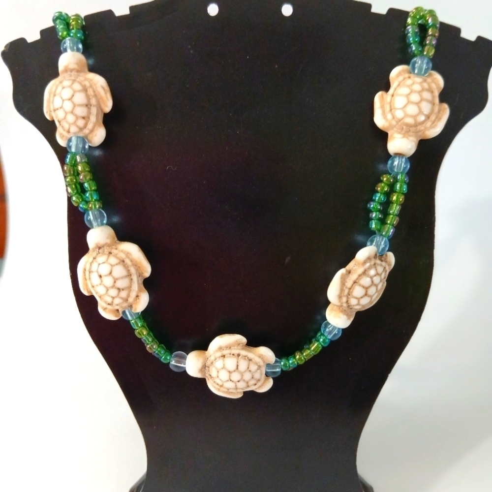 Turtle Bead Necklace with Green and Blue Accents